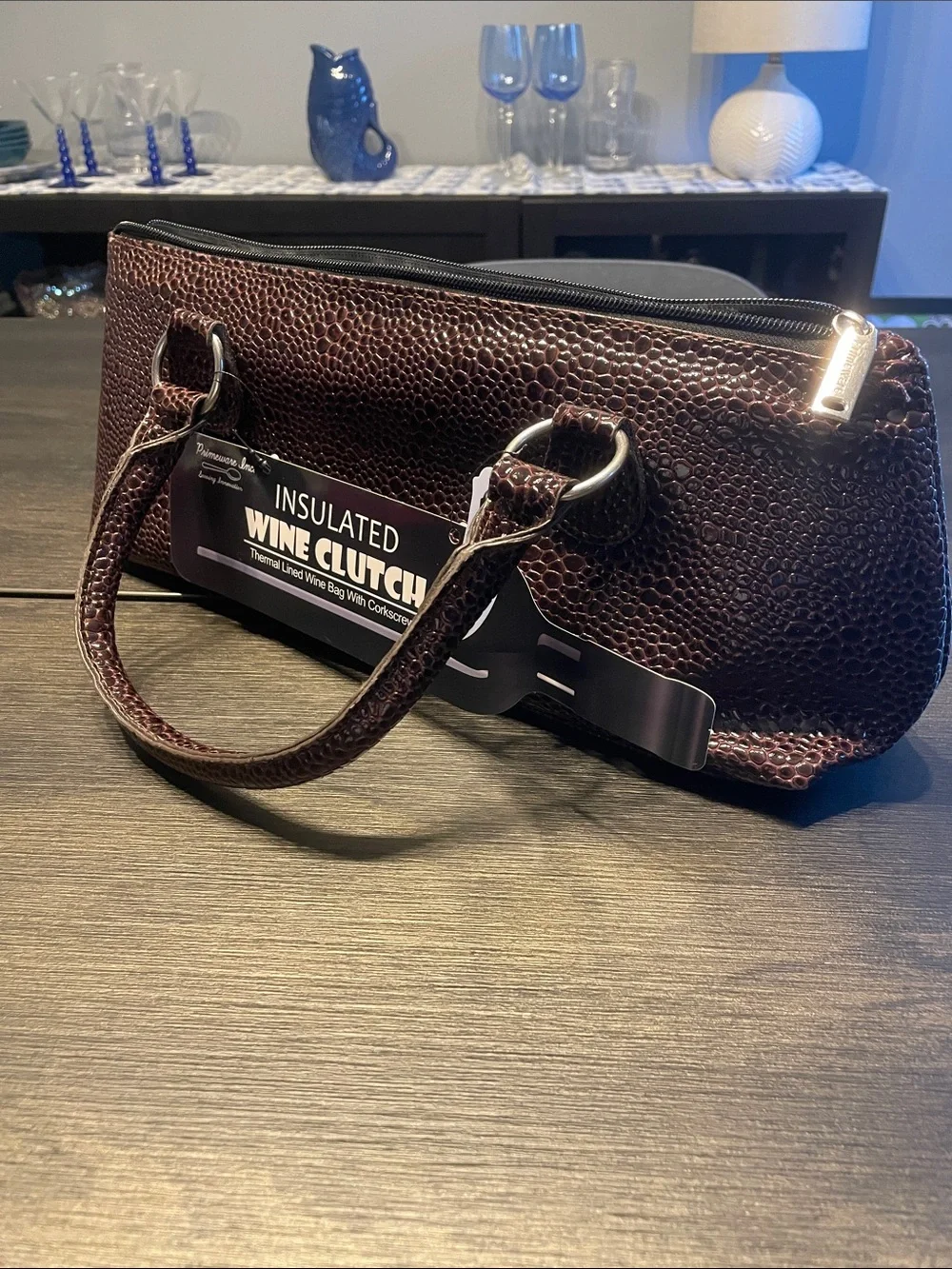 Wine Clutch - Brown Faux Leather insulated Wine Bag with Corkscrew